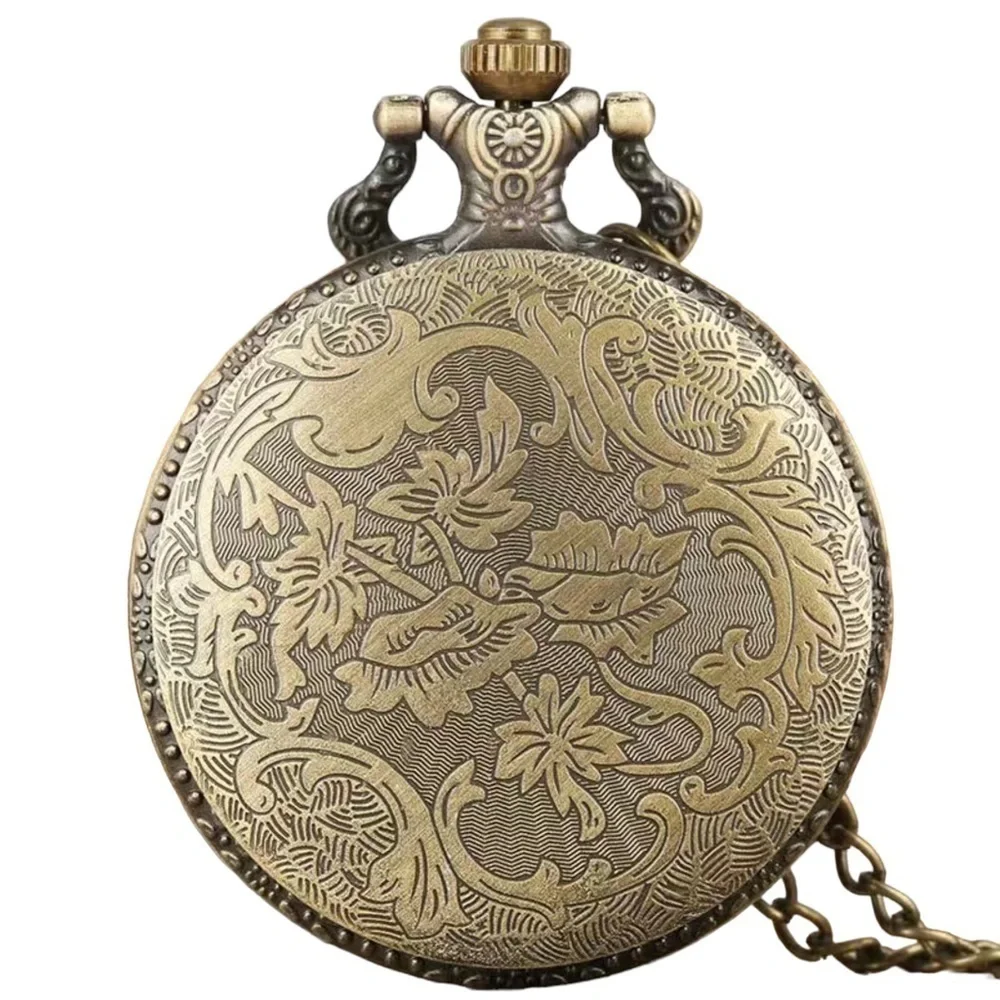 Pocket Watch Bronze Plant Leaf Long Chain Quartz Analog Retro with Gift Pouch